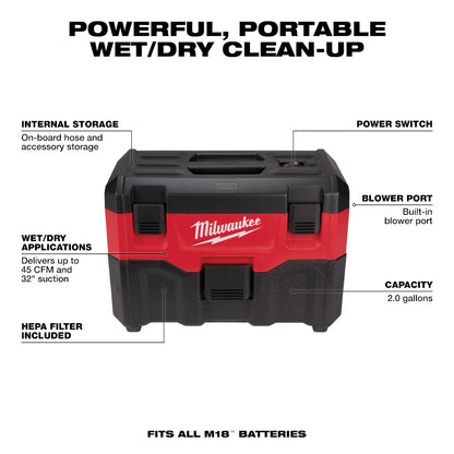 Milwaukee M18 Wet/Dry Vacuum 2Gal