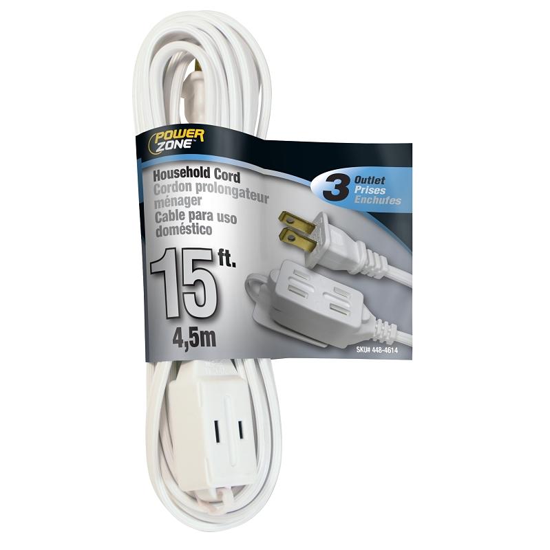 PowerZone 15' White Indoor Extension Cord 3 Outlet