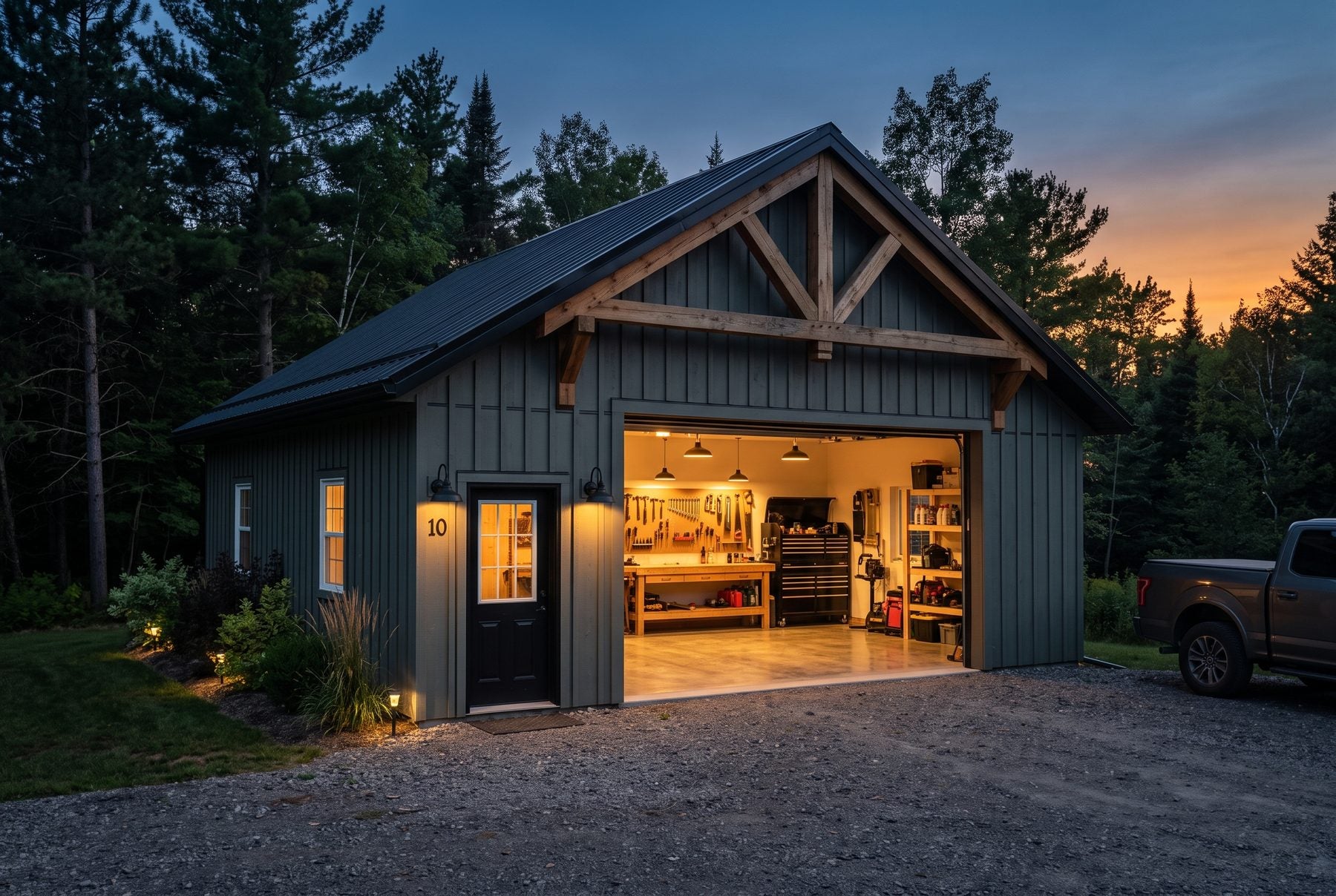 Concept illustration: a board-and-batten workshop at dusk, its big door open on a lit workbench